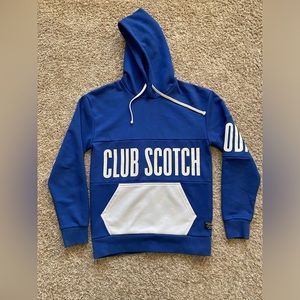 Scotch & Soda BLUE “Club Scotch” Text Artwork Hoodie Sweatshirt Men’s Size SMALL